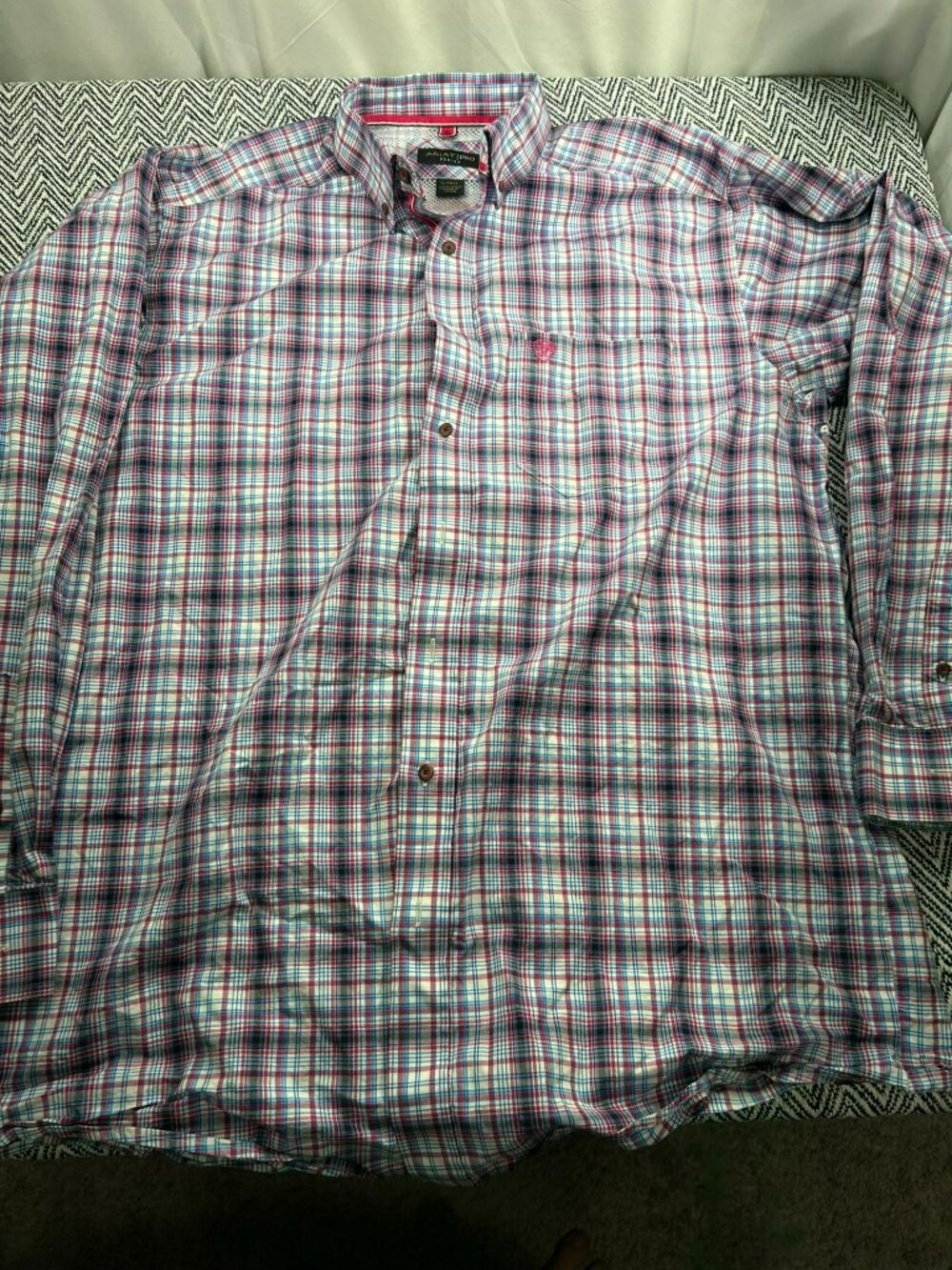 Ariat Pro Mens Plaid Button-Down Red/Blue L Tall Cotton-Blend Western